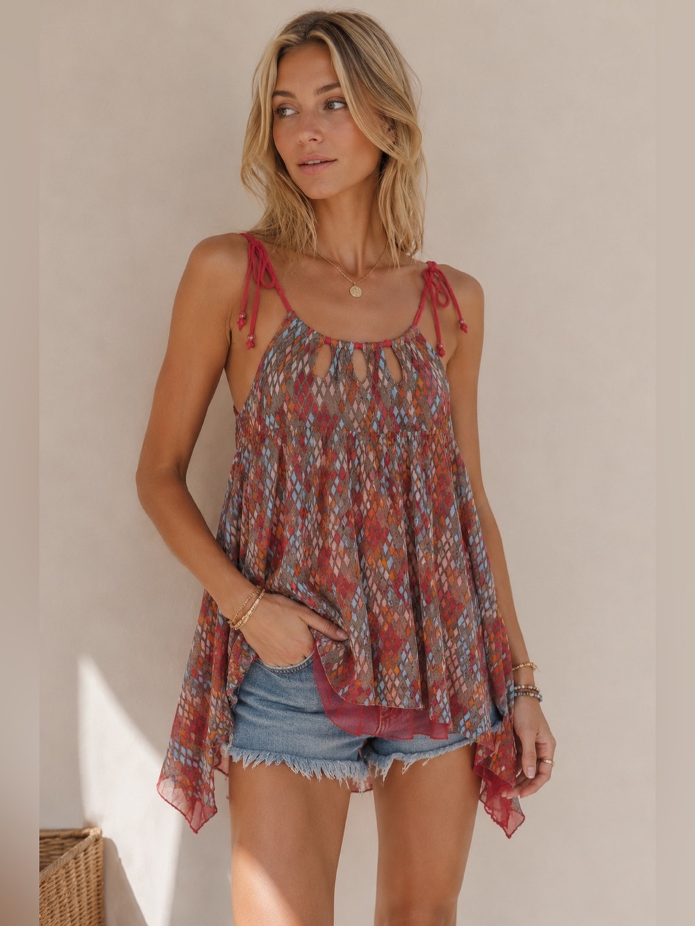 Free People patterned cutout Tank / tunic ( pink, Coral, blue, grey brown )